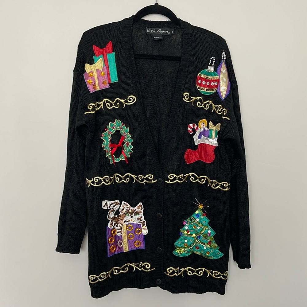 Vintage Work in Progress Christmas Theme Sweater Cardigan Sz L “Flawed” **